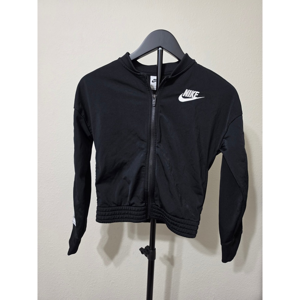 Nike Girls Sportswear Full Zip Track Jacket Black Logo Tape Sleeve Large Kids